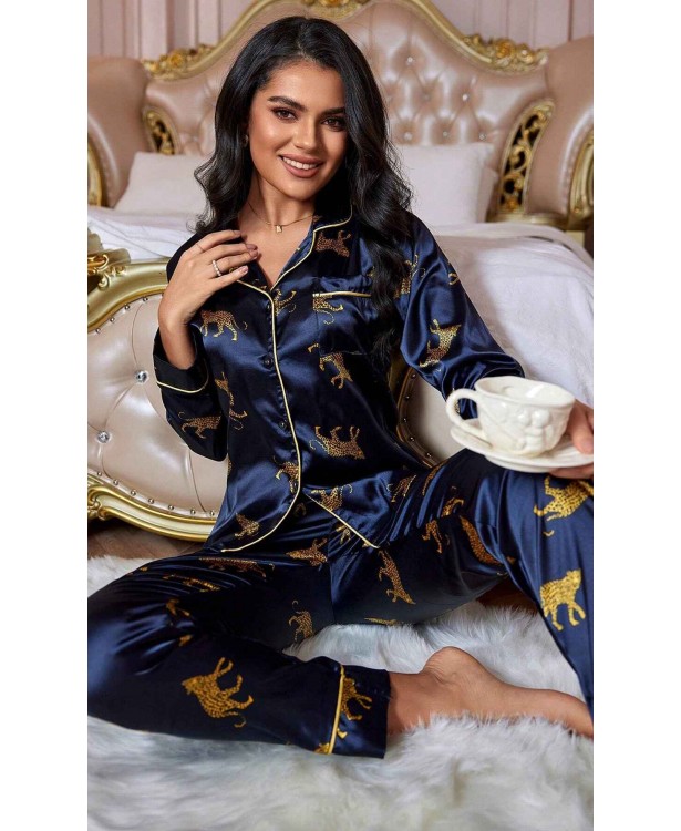 Pijama dama satin blue animal print